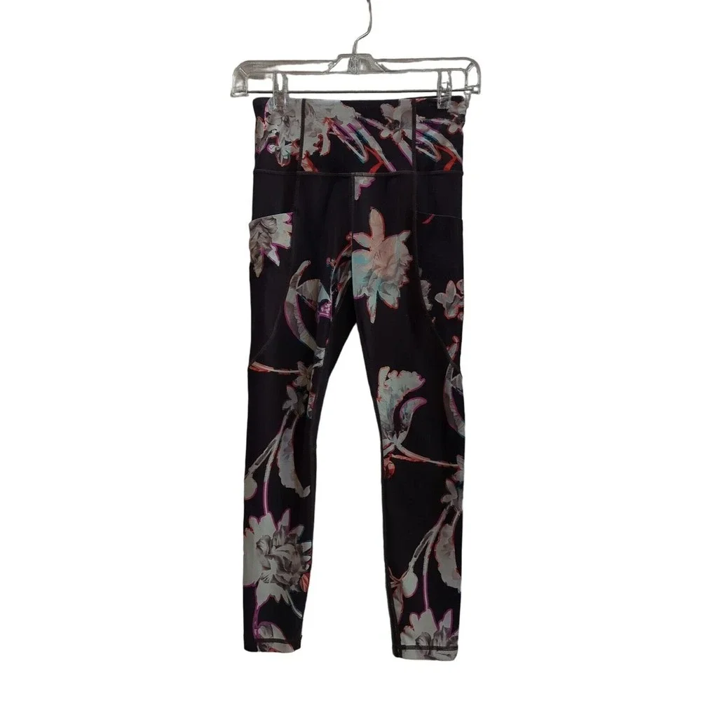 Athleta Leggings Womens XS Purple Magnolia Floral Salutation Stash Pocket